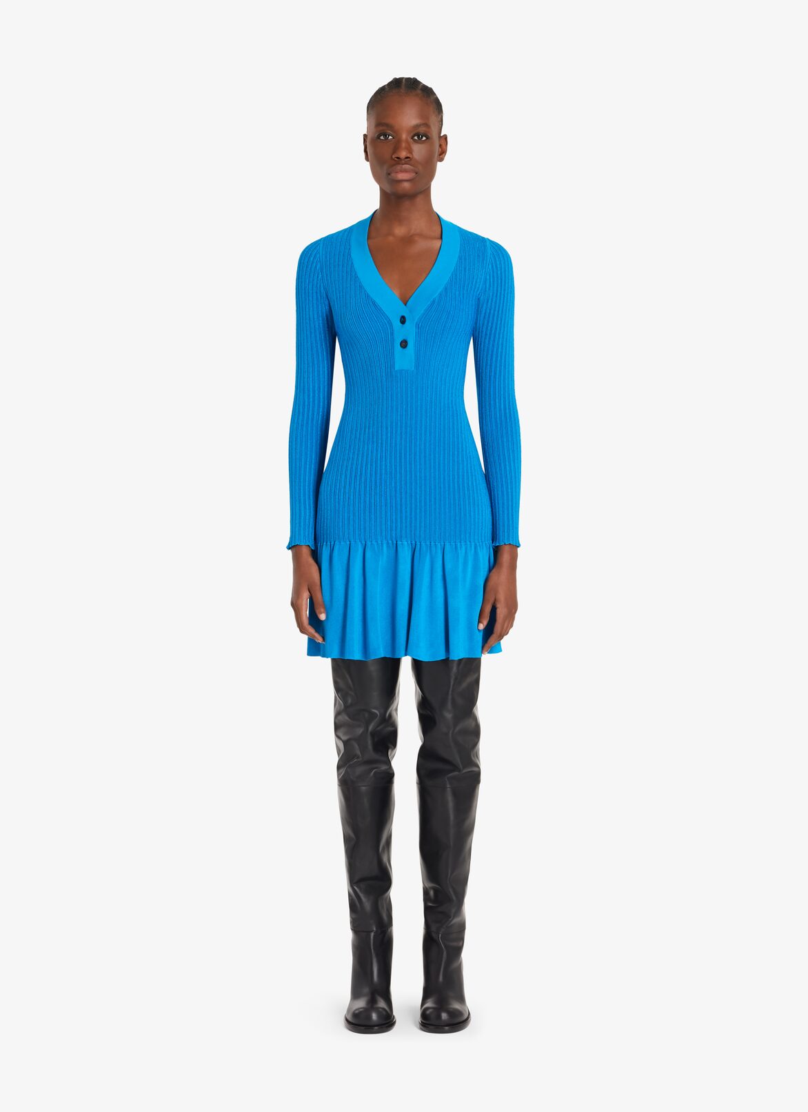 Short Shiny Ribbed Dress ALAÏA BLUE SHORT SHINY RIBBED DRESS